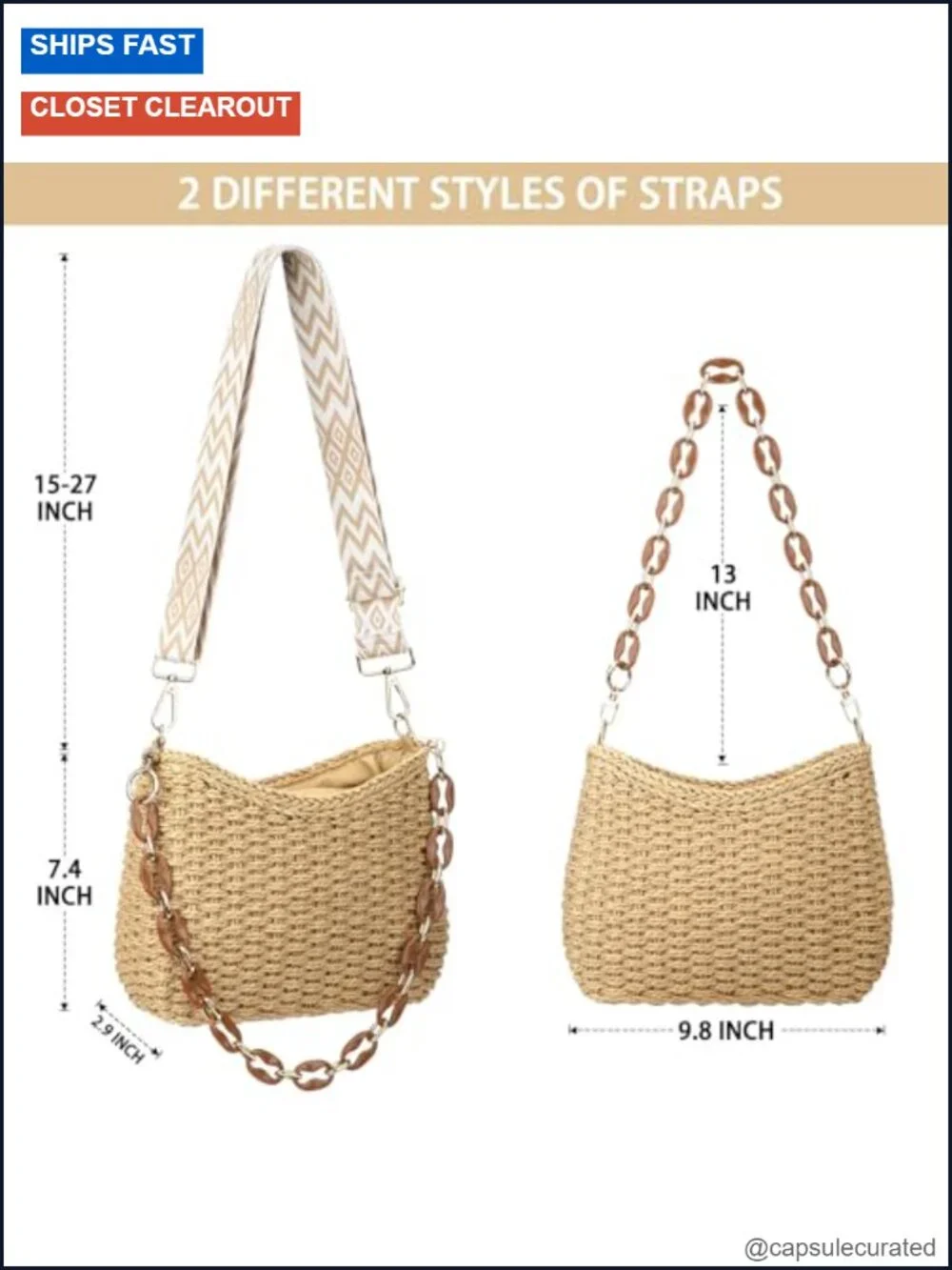 Natural Straw Woven Hobo Crossbody Bag with Chain and Removable Straps